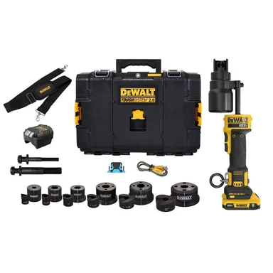 DeWalt DCE600D1K2, kit: 20V Lithium-Ion Cordless 1/2 in. - 2 in. Knock-Out Tool Kit with 2 Ah Battery, Charger, Kit Box and Punch and Die Set (photograph from the Home Depot listing)