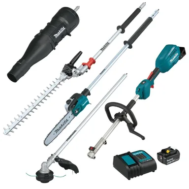 Makita XUX02SM1X6, kit: Makita XUX02SM1X6 18V LXT Brushless Couple Shaft Power Head Kit w/ String Trimmer, Pole Saw, Art. Hedge Trimmer & Blower Attachments (4.0Ah)