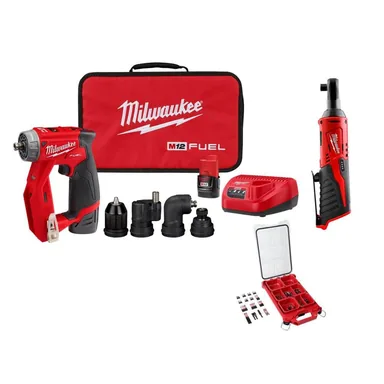 Milwaukee 2505-22-2457-20-48-32-4082, bundle: M12 FUEL 12V 4-in-1 Installation 3/8 in. Drill Driver Kit with M12 3/8 in. Ratchet with 100-Pc PACKOUT Bit Set