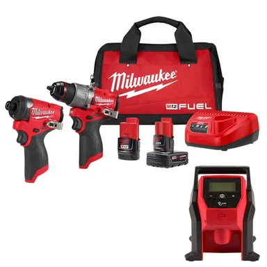 Milwaukee 3497-22-2475-20, bundle: M12 FUEL 12-Volt Lithium-Ion Brushless Cordless Hammer Drill and Impact Driver Combo Kit (2-Tool) with Compact Inflator