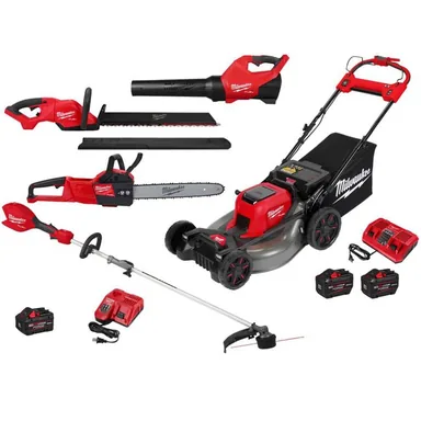 Milwaukee 2823-22HD-3016-21ST-303320-301720-272720, unclassified: M18 FUEL Brushless 21 in. Self-Propelled Mower w/ String Trimmer, Blower, Hedger, Chainsaw, (2) 12Ah & (1) 8Ah Batteries