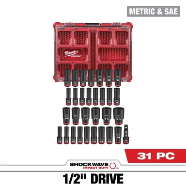 Milwaukee 49-66-6806, accessory: SHOCKWAVE Impact-Duty 1/2 in. Drive Metric and SAE Deep Well Impact PACKOUT Socket Set (31-Piece)