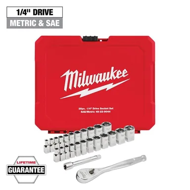 Milwaukee 48-22-9044, unpowered: 1/4 in. Drive SAE/Metric Ratchet and Socket Mechanics Tool Set (25-Piece)
