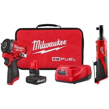 Milwaukee 2562-21-2457-20, bundle: M12 FUEL 12V Lithium-Ion Brushless Cordless Stubby 3/8 in. Impact Wrench Kit with M12 3/8 in. Ratchet (2-Tool)