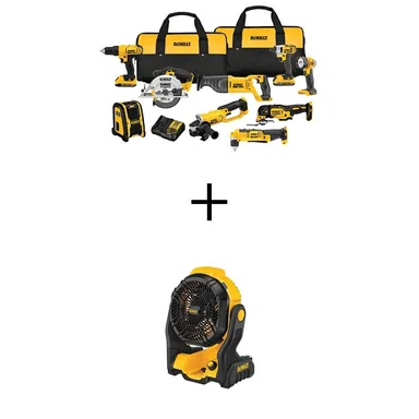 DeWalt DCK940D2WCE512B, bundle: 20V MAX Cordless 9 Tool Combo Kit and 20V MAX Jobsite Fan with (2) 20V 2.0Ah Batteries and Charger