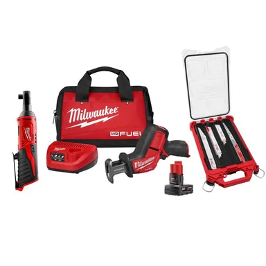 Milwaukee 2520-21XC-2457-20-49-22-5641, bundle: M12 FUEL 12V HACKZALL Recip Saw Kit w/ M12 12V 3/8 in. Ratchet w/ 15-pc SAWZALL Metal Cutting Recip Blades w/ PACKOUT