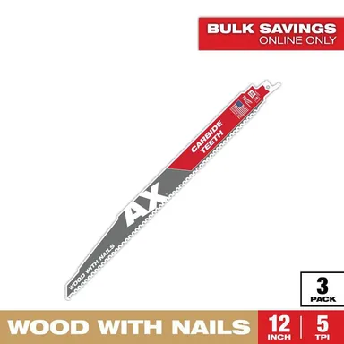 Milwaukee 48-00-5327, accessory: 12 in. 5 TPI AX Carbide Teeth Demolition Nail-Embedded Wood Cutting SAWZALL Reciprocating Saw Blades (3-Pack)