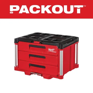 Milwaukee 48-22-8443, accessory: PACKOUT 22 in. Modular 3-Drawer Tool Box with Metal Reinforced Corners (photograph from the Home Depot listing)