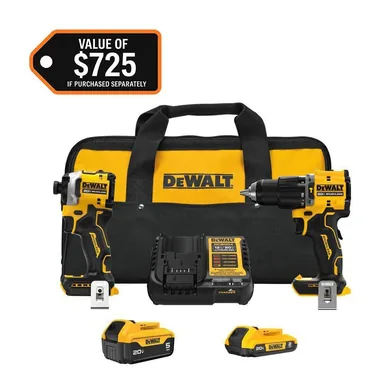 DeWalt DCK200D1P1, bundle: ATOMIC 20V MAX Lithium-Ion Cordless 2-Tool Combo Kit with 5.0 Ah and 2.0 Ah Batteries, Charger and Kit Bag (photograph from the Home Depot listing)