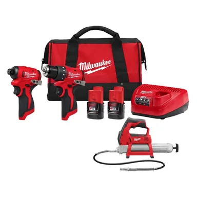 Milwaukee 3494-22-2446-20, bundle: M12 12-Volt Lithium-Ion Brushless Cordless Subcompact Drill and Impact Driver Combo Kit w/Grease Gun (3-Tool)