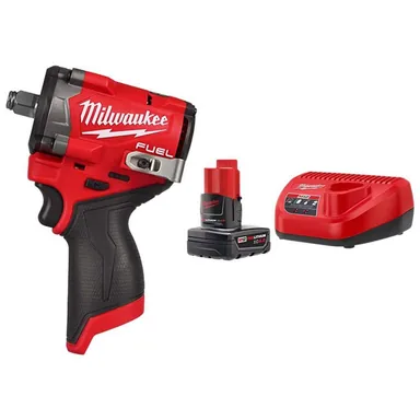 Milwaukee 2563-20-48-59-2440, bundle: M12 FUEL 12V Li-Ion Brushless Cordless Stubby 1/2 in. Impact Wrench with M12 XC 4.0 Ah Battery and Charger Starter Kit