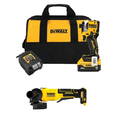 DeWalt DCF850P1WCG408B, bundle: ATOMIC 20V MAX Lithium-Ion Cordless 1/4 in. Brushless Impact Driver Kit & 4-1/2 in. Grinder with 5Ah Battery & Charger