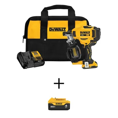 DeWalt DCN45RND1W204, bundle: 20V MAX Lithium-Ion 15-Degree Cordless Roofing Nailer Kit with 4.0Ah Battery Pack, 2.0Ah Battery Pack, Charger and Bag
