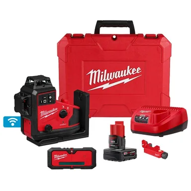 Milwaukee 3642-21, kit: M12 12-Volt Lithium-ion Cordless 125 ft. Green 360° 3-Plane Laser Level with Automatic Alignment & Receiver