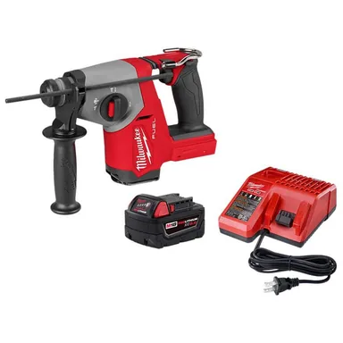Milwaukee 2908-20-48-59-1850, bundle: M18 FUEL 18V Lithium-Ion Brushless Cordless 5/8 in. SDS-Plus Rotary Hammer w/ (1) 5Ah Battery & Charger