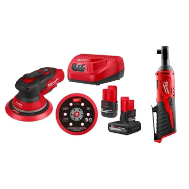 Milwaukee 2585-22CX-2457-20, bundle: M12 FUEL 12-Volt Li-Ion Brushless Cordless 6 in. Random Orbital Sander Kit (3/16 in) wM12 5.0Ah,2.5Ah Batteries,&Ratchet