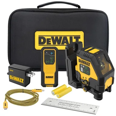DeWalt DCLE14201G, kit: 330 ft. Green Self-Leveling Cross-Line Laser Level with USB C Charging Cable, Mounting Plate, Remote and Storage Bag