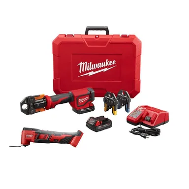 Milwaukee 2674-22P-2626-20-49-25-1241, bundle: M18 18V Lithium-Ion Cordless Short Throw PEX Press Tool Kit with (3) Viega PureFlow Jaws and M18 Oscillating Multi-Tool