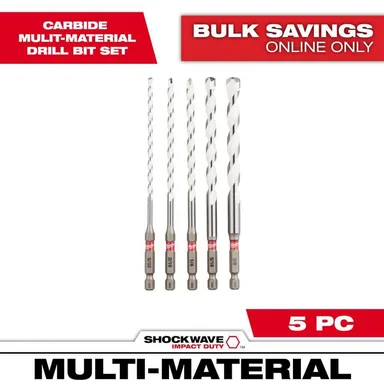 Milwaukee 48-20-8898, accessory: SHOCKWAVE Carbide Multi-Material Drill Masonry Bits Set (5-Pack)