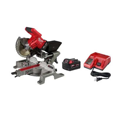 Milwaukee 2733-21, kit: M18 FUEL 18V Lithium-Ion Brushless Cordless 7-1/4 in. Dual Bevel Sliding Compound Miter Saw Kit w/One 5.0Ah Battery (photograph from the Home Depot listing)