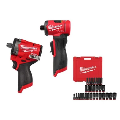 Milwaukee 2563-20-3485-20-49-66-7016, bundle: M12 FUEL 1/2 In. Stubby Impact Wrench with M12 FUEL Right Angle Die Grinder and 29Pc Impact Socket Set