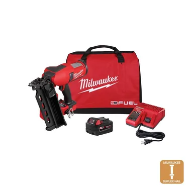 Milwaukee 2844-21, kit: M18 FUEL 18-Volt Brushless Lithium-Ion Cordless 21-Degree Duplex Nailer Kit with 5Ah Battery and Charger (photograph from the Home Depot listing)