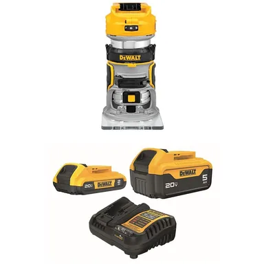 DeWalt DCW600BWB225-2C, bundle: 20V MAX XR Lithium-Ion Cordless Brushless Fixed Base Compact Router with 20V MAX 5.0 Ah and 2.0 Ah Batteries and Charger