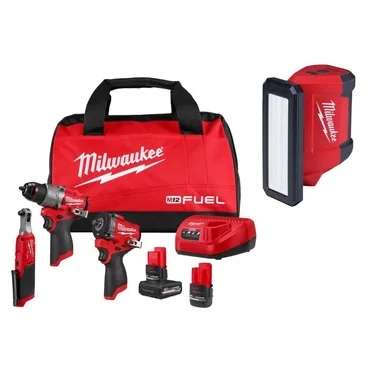 Milwaukee 3424-23-2367-20, bundle: M12 FUEL 12V Lithium-Ion Cordless Drill Driver, Impact Wrench, and Ratchet Combo Kit w/Batteries, Charger, &Flood Light