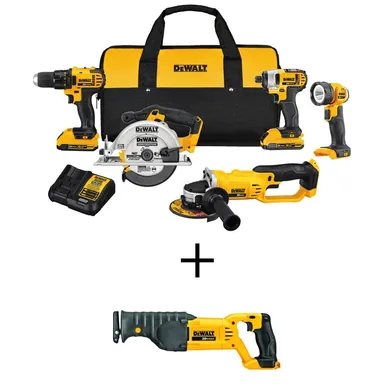 DeWalt DCK521D2W380, bundle: 20V MAX Li-Ion Cordless 5 Tool Combo Kit, 20V MAX Reciprocating Saw, (2) 20V 2.0Ah Batteries, and Charger