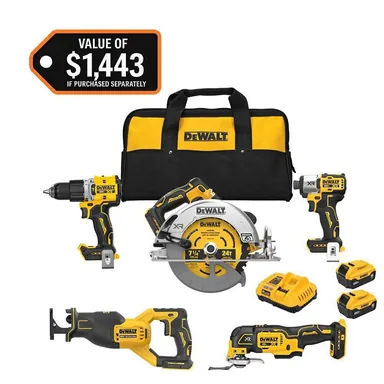 DeWalt DCK510P2, bundle: 20V Lithium-Ion Cordless 5-Tool Combo Kit with (2) 5.0 Ah Battery Packs and Charger