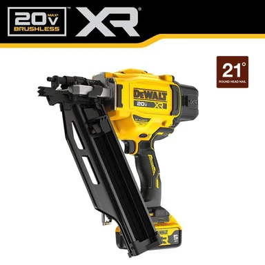 DeWalt DCN920P1, kit: 20-Volt 21° Cordless Framing Nailer Kit with 5.0 Ah Lithium-Ion Battery and Charger (photograph from the Home Depot listing)