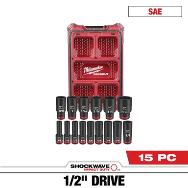 Milwaukee 49-66-6802, accessory: SHOCKWAVE Impact-Duty 1/2 in. Drive SAE Deep Well Impact PACKOUT Socket Set (15-Piece)