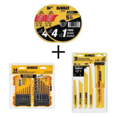 DeWalt DW8062B5W184899, accessory: 4-1/2 in. x .045 in. x 7/8 in. Metal & Stainless Cutting Wheel (10-Pack) with Black & Gold Drill Bit Set (14-Piece)