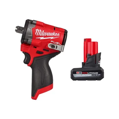 Milwaukee 2563P-20-48-11-2450, bundle: M12 FUEL 12V Li-Ion Brushless Cordless Stubby 1/2in. Impact Wrench with Pin Detent with M12 XC High Output 5.0Ah Battery