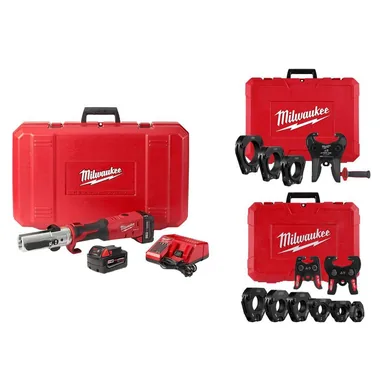 Milwaukee 2773-20L-49-16-2698X-49-16-2697X, bundle: M18 18-Volt Lithium-Ion Cordless FORCE LOGIC Long Throw Press Tool Kit w/ 1/2 in. - 4 in. IPS-P Pivoting Press Ring Kit