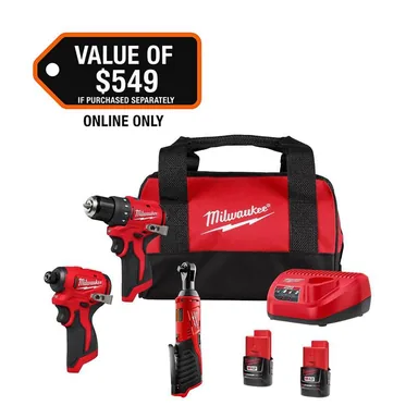 Milwaukee 3494-23R, kit: M12 12-Volt Lithium-Ion Brushless Cordless Subcompact Drill &Impact Driver Combo Kit with 3/8in Ratchet, Batteries & Bag