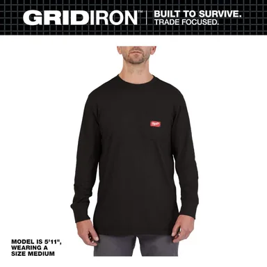 Milwaukee 606B-L, unpowered: Men's Large Black GRIDIRON Cotton/Polyester Long-Sleeve Pocket T-Shirt