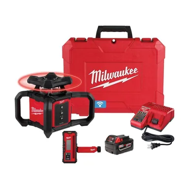 Milwaukee 3701-21, kit: M18 2000 ft. Red Exterior Rotary Laser Level Kit with Receiver and Receiver Clamp