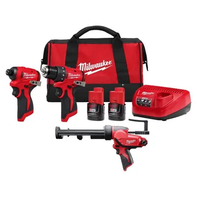 Milwaukee 3494-22-2441-20, bundle: M12 12-Volt Lithium-Ion Brushless Cordless Subcompact Drill and Impact Driver Combo Kit w/ Caulk Gun (3-Tool)