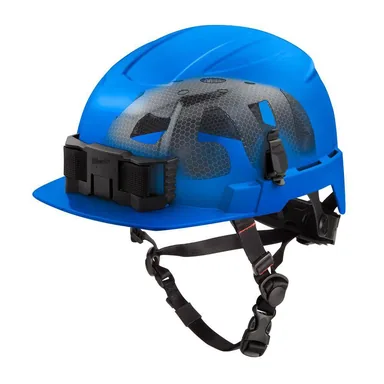 Milwaukee 48-73-1369, accessory: BOLT Blue Type 2 Class E Front Brim Non-Vented Safety Helmet with IMPACT-ARMOR Liner (photograph from the Home Depot listing)