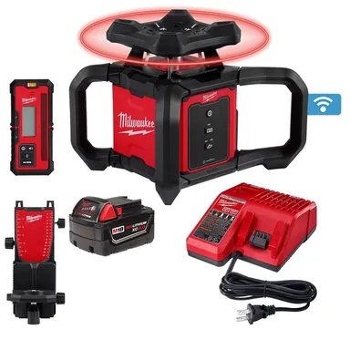 Milwaukee 3701-21-48-35-3702, bundle: M18 2000 ft. Red Exterior Rotary Laser Level Kit with Receiver with Rotary Laser Wall Mount