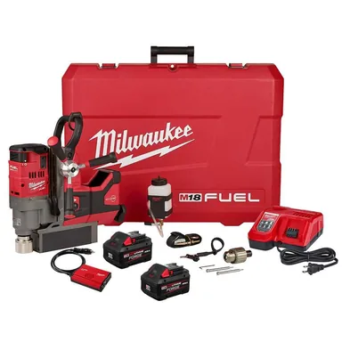 Milwaukee 2788-22HD, kit: M18 FUEL 18V Lithium-Ion Brushless Cordless 1-1/2 in. Lineman Magnetic Drill High Demand Kit w/ Two 8.0Ah Batteries (photograph from the Home Depot listing)