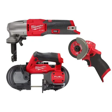 Milwaukee 2476-20-2529-20-2522-20, bundle: M12 FUEL 12-Volt Lithium-Ion Brushless Cordless 16-Gauge Variable Speed Nibbler, Compact Band Saw and 3 in. Cut Off Saw