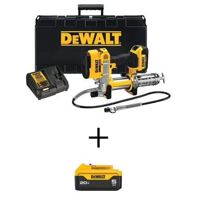 DeWalt DCGG571M1W205, bundle: 20V MAX Lithium-Ion Cordless Grease Gun Kit and (1) 20V MAX Premium Lithium-Ion 5.0Ah Battery