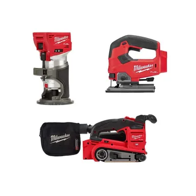 Milwaukee 2723-20-2737-20-2832-20, bundle: M18 FUEL 18-Volt Lithium-Ion Brushless Cordless Compact Router, Jigsaw and Belt Sander