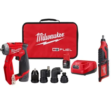 Milwaukee 2505-22-2460-20, bundle: M12 FUEL 12V Lithium-Ion Brushless Cordless 4-in-1 Installation 3/8 in. Drill Driver Kit with M12 Rotary Tool