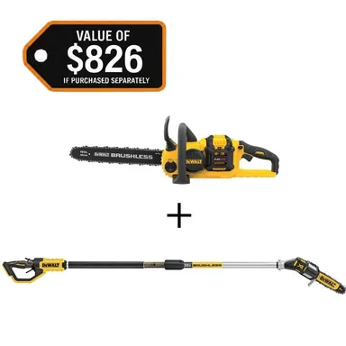 DeWalt DCCS670X1WS620B, bundle: FLEXVOLT 60V MAX 16 in. Brushless Cordless Chainsaw Kit with (1) 3.0 Ah Battery and Charger w/20V 8 in. Pole Saw