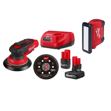 Milwaukee 2584-22CX-2367-20, bundle: M12 FUEL 12-Volt Li-Ion Brushless Cordless 6 in. Random Orbital Sander Kit (3/32 in) w5.0Ah, 2.5Ah Batteries,&FloodLight