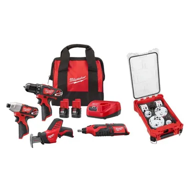 Milwaukee 2497-24H-49-22-5606, bundle: M12 12V Li-Ion Cordless 4-Tool Combo Kit with (2) Compact 1.5Ah Batteries & Charger with PACKOUT Hole Saw Set (10-Pc)