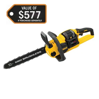 DeWalt DCCS670T1, kit: FLEXVOLT 60V MAX 16 in. Brushless Cordless Chainsaw Kit with (1) 2.0 Ah Battery and Charger